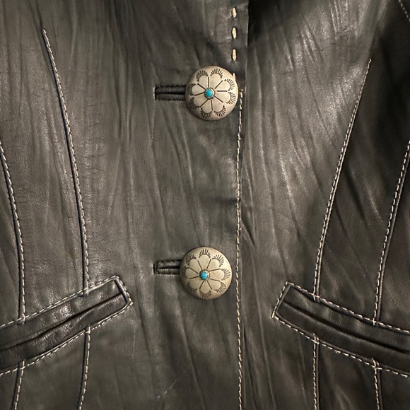 Tasha Polizzi Black Leather Jacket – Turquoise Concho Buttons, Paisley Lining -S - Picture 4 of 9